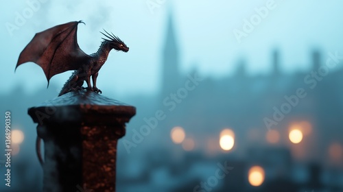 A detailed dragon statue perched on a stone pillar against a misty cityscape