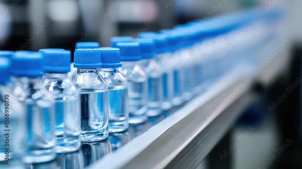 Blue vials with liquid on production line Blue vials with liquid on production line