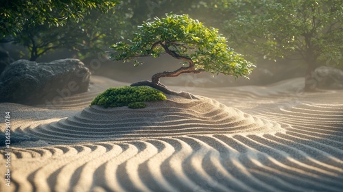 small tree in a Japanese Zen sand garden