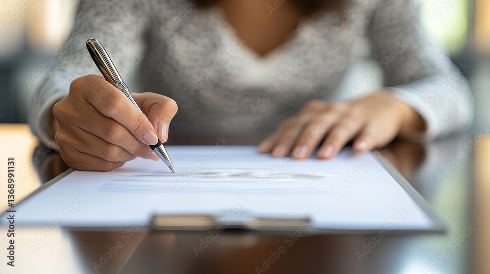Woman signing contract document with pen on clipboard business agreement legal paper paperwork concept writing Woman signing contract document with pen on clipboard business agreement legal paper paperwork concept writing