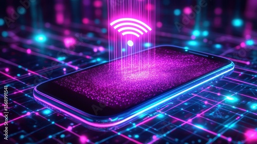 Futuristic smartphone with wifi signal in neon lights	