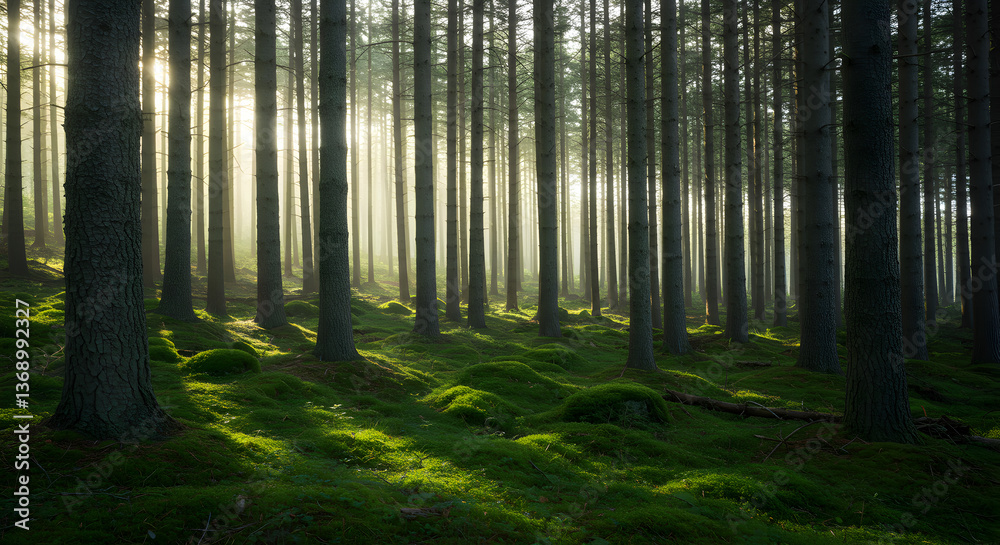 Obraz premium Mystical Forest Dawn: Sunbeams Illuminate a Verdant Mossy Undergrowth Landscape