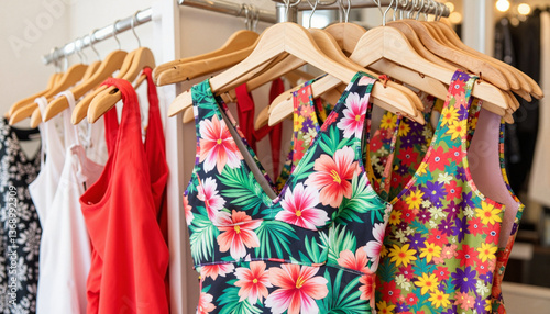 Colorful swimwear collection displayed on wooden hangers, Bright floral prints    