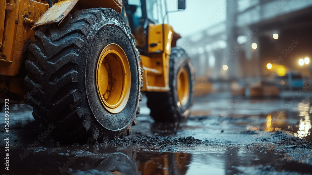 Heavy Equipment Tire on Wet Ground in Industrial Setting Heavy Equipment Tire on Wet Ground in Industrial Setting