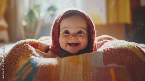 Adorable smiling baby wrapped in a blanket portrait cute happy infant newborn child babyhood childhood