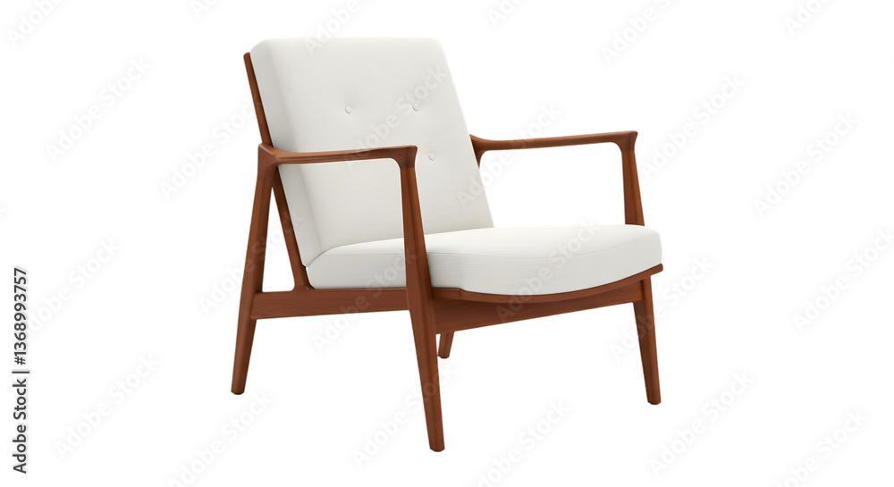 A serene mid-century modern armchair, inviting relaxation with its creamy upholstery and rich teak wood frame, offering timeless elegance in a minimalist design. A serene mid-century modern armchair, inviting relaxation with its creamy upholstery and rich teak wood frame, offering timeless elegance in a minimalist design.