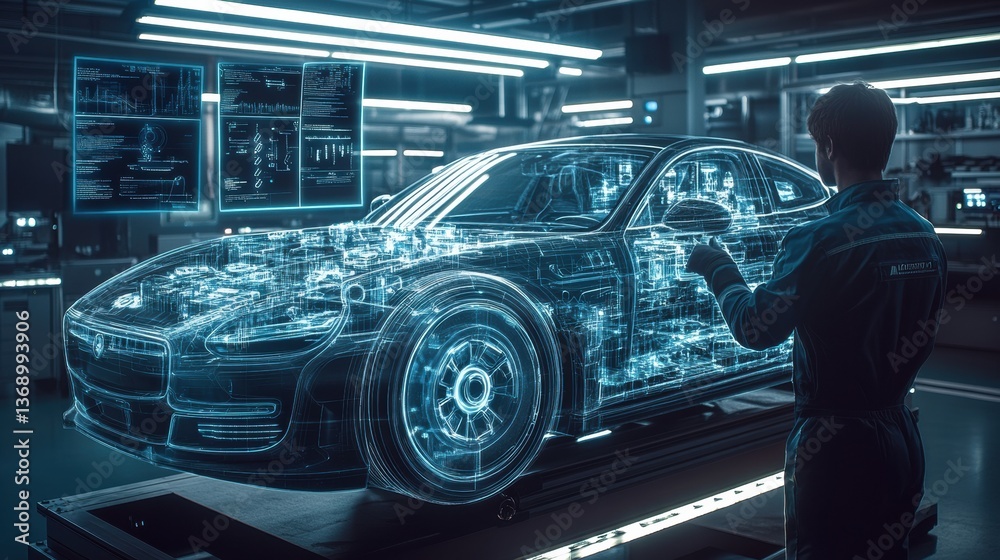 A high-tech mechanic working in a futuristic automotive workshop with neon lights, digital screens A high-tech mechanic working in a futuristic automotive workshop with neon lights, digital screens