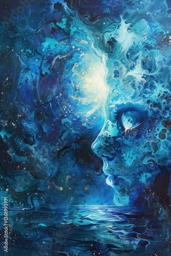 Abstract Painting of a Blue Cosmic Landscape with a Face Emerging from the Clouds