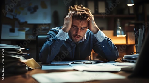 Late night at the office reveals the struggles of a dedicated worker facing overwhelming stress and endless paperwork