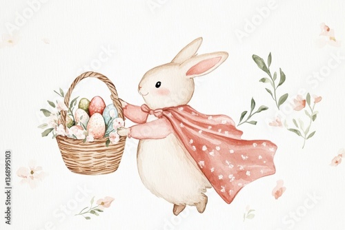 Cute easter bunny carrying basket of colorful eggs in floral background