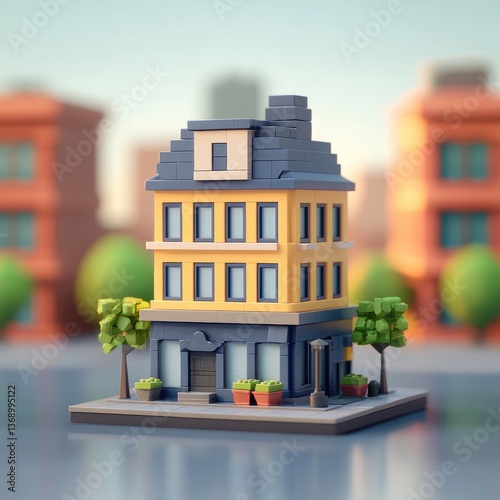 A charming three-story building with yellow walls and a dark-grey roof sits on a small square base Flanked by miniatu
