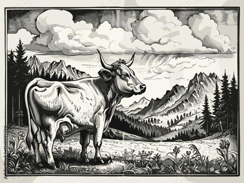 cow grazing in an alpine meadow, with mountains, a farmhouse, and wildflowers in the background, drawn in an engraved style sketch engraving generative ai