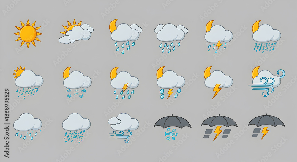 Obraz premium Diverse flat design weather icon set representing animated weather conditions