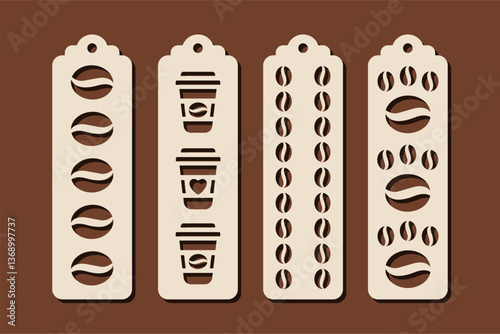 Vertical bookmark designs with coffee beans pattern. Laser cut template for coffee lovers. Decorative bookmark vector stencil for paper, wood and metal cutting