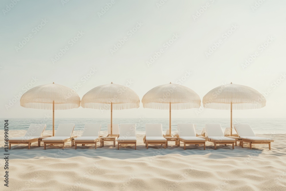 Serene beach scene with empty lounge chairs and umbrellas on sandy shore