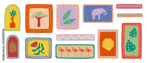 Tropical pictures in retro style. Traditional illustration in patchwork style. Vintage exotic jungle nature.