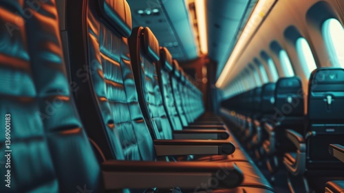 Futuristic airplane interior with empty blue leather seats and dim lighting