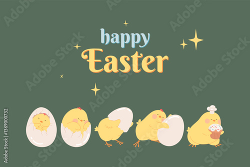 Happy Easter greeting cards with hatch chicks. Cute Easter greeting cards with adorable baby chicken, egg shell, and Easter cake. Vector illustration for a greeting card, poster, cover, or postcard.