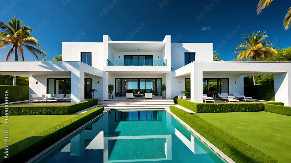 White modern luxury mansion with symmetrical pool and tropical green ...