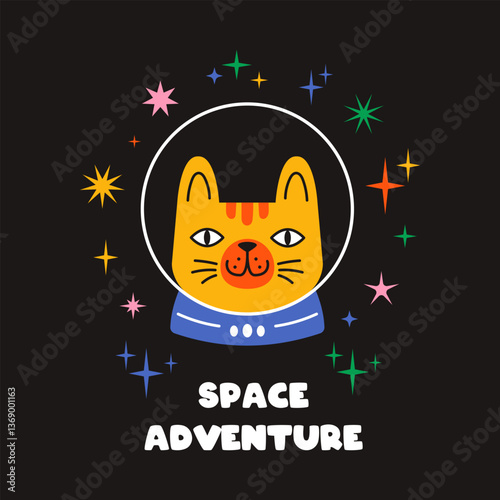Playful kitten astronaut in space with happy face. Colorful flat vector kitten for funny posters, kids cards, t shirt design or space decor. Whimsical cosmic pet theme. Cat and text space adventure.