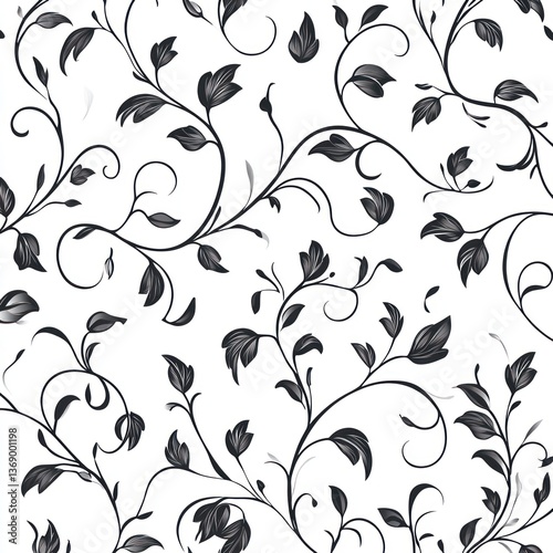 Elegant floral vines pattern, white background, seamless repeat, design textile