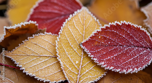 Delicate frost rimming vibrant autumn leaves, a harbinger of winter's embrace