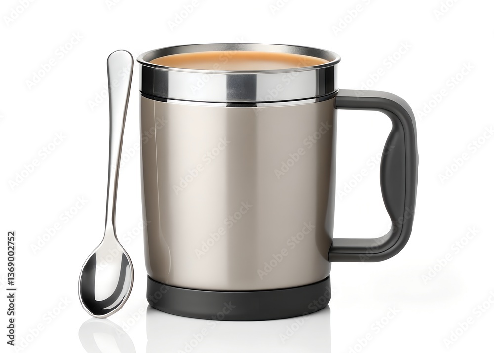 Warm Sip: A close-up shot showcases a stylish silver mug filled with coffee and a spoon, offering a minimalist aesthetic and perfect for any beverage lover. Warm Sip: A close-up shot showcases a stylish silver mug filled with coffee and a spoon, offering a minimalist aesthetic and perfect for any beverage lover.