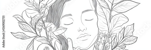 Woman surrounded by leaves serene monochrome outline.