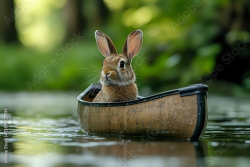 Adorable brown rabbit sitting in miniature canoe on calm water, surrounded by green nature background. Creative outdoor animal photography for greeting cards and social media.