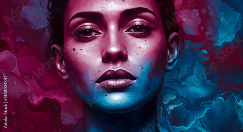 Surreal Portrait: A Woman Emerges from a Dream of Pink and Blue Hues