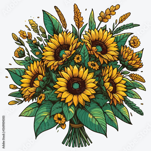 Bouquet of yellow sunflowers with green leaves and stems. stock illustration