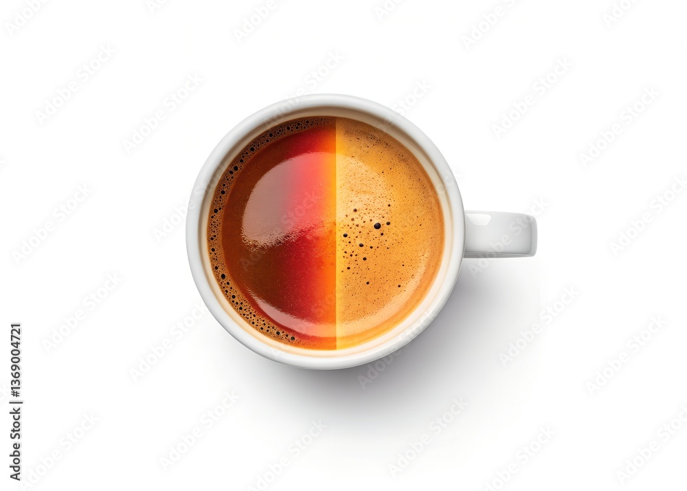 Dual Delight: A visual representation of coffee art featuring a top-down view of a cup of coffee with distinct color variations, a study in contrast and inviting taste Dual Delight: A visual representation of coffee art featuring a top-down view of a cup of coffee with distinct color variations, a study in contrast and inviting taste