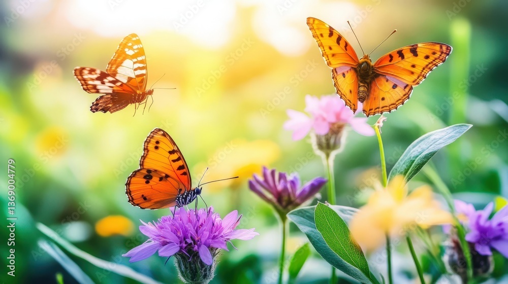 Obraz premium Three vibrant butterflies flitting amidst a sunlit meadow of wildflowers, showcasing the beauty of nature's delicate ecosystem.