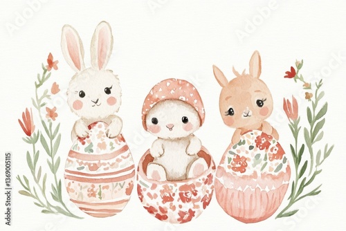 Cute animals in easter eggs with floral design