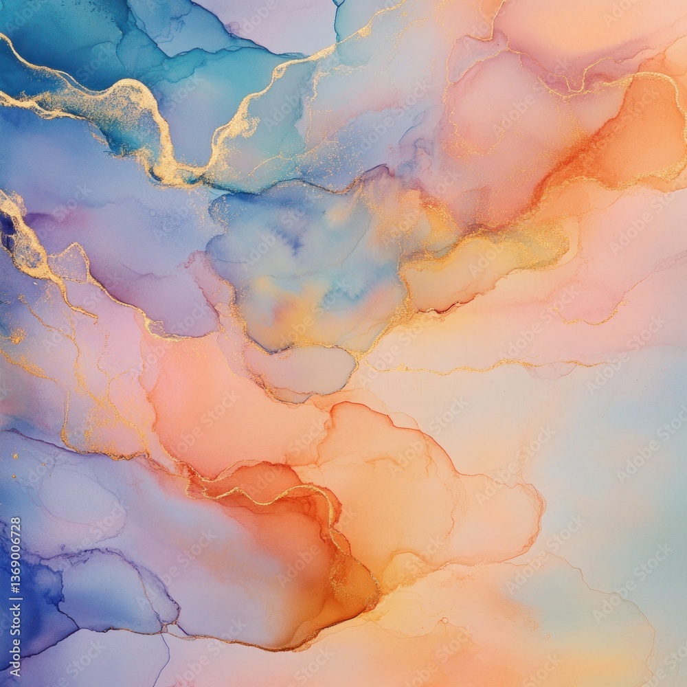 Naklejka premium Abstract fluid art, soft pastel colors, gold veins, peaceful background