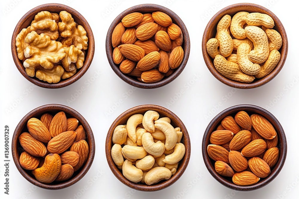 An assortment of nuts such as almonds, walnuts, and pecans, set against a clear background, created using modern An assortment of nuts such as almonds, walnuts, and pecans, set against a clear background, created using modern