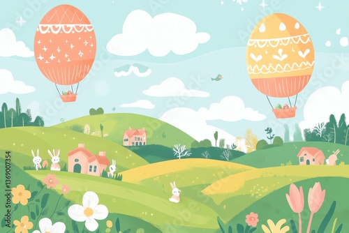 Whimsical countryside with hot air balloons and playful rabbits in a sunny landscape