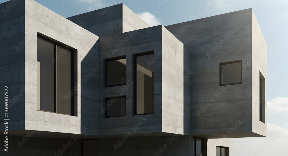 Modern concrete architecture with strategic fenestration design and clear sky Modern concrete architecture with strategic fenestration design and clear sky