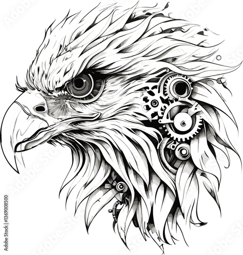 cybernetic robotic eagle head, intricate mechanical details in a sci-fi and steampunk aesthetic sketch engraving generative ai vector illustration.
