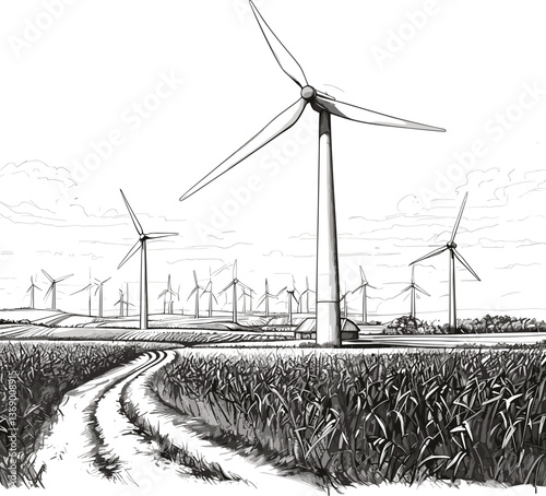 wind turbines in a vast field, with grass, cloudy skies, and a distant barn symbolizing renewable energy sketch engraving generative ai vector illustration.