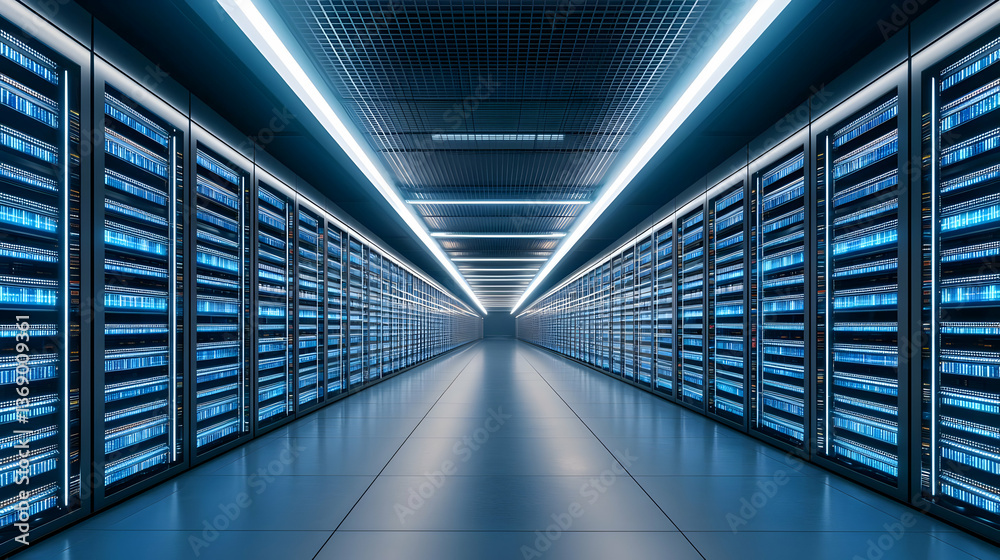 Fototapeta premium Modern Server Room Interior With Blue Lighting