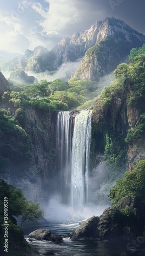 Waterfall in the forest, sunlight filtering through the trees, mist rising from the water, a majestic waterfall, phone wallpaper