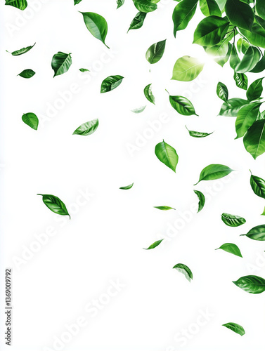 Bright green leaves scattered against a white, slightly luminous background, creating a natural and fresh image.