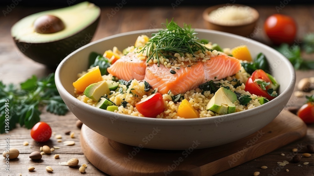 A variety of fresh foods is displayed on a wooden surface, A variety of fresh foods is displayed on a wooden surface,