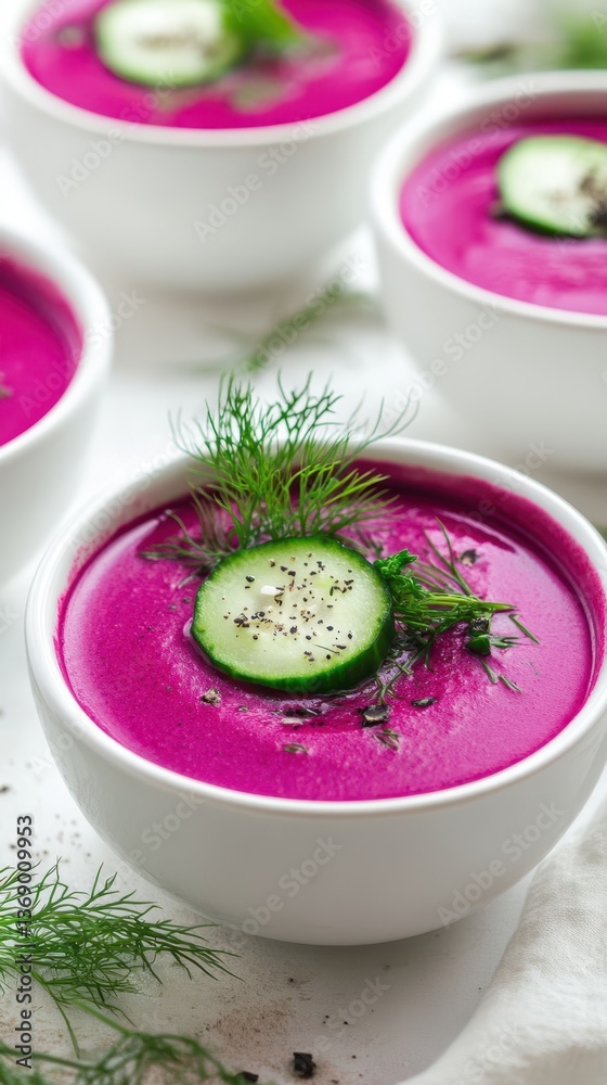 Vibrant beetroot soup in white bowls with cucumber and dill garnish Vibrant beetroot soup in white bowls with cucumber and dill garnish