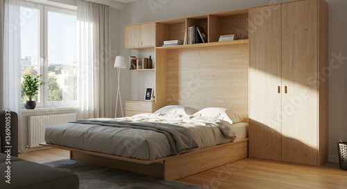 Sophisticated studio apartment interior featuring a motorized murphy bed and wooden storage