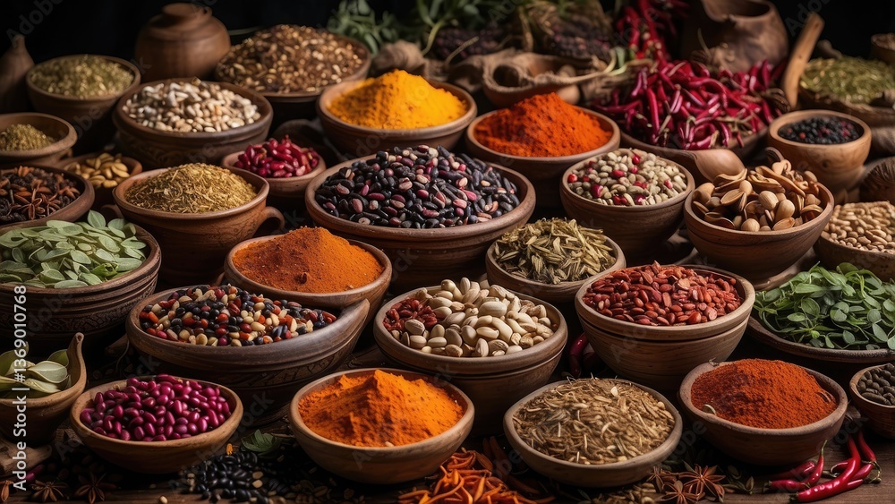 A vibrant array of spices displayed in circular containers, A vibrant array of spices displayed in circular containers,