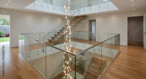 Modern interior design featuring glass railings on staircases with light fixtures