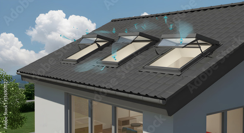 Effective passive ventilation system with motorized skylights on house roof