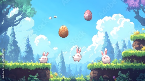 Pixel art Easter rabbits jumping with eggs in a forest